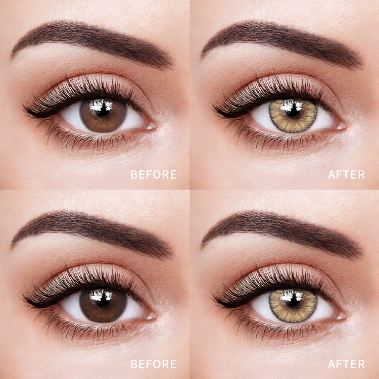 The before and after comparison of wearing Iris Brown Contact Lenses.